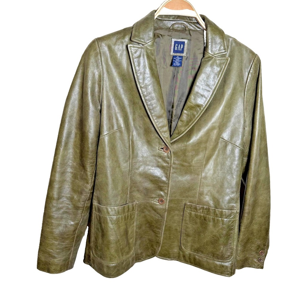 Vintage Gap Jacket Womens Medium Leather Jacket Green Olive Button Up Y2K Grunge